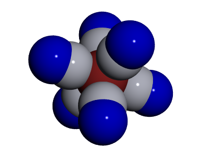Ferrocianid anion térkitöltéses modellje, a hat cianid ionnal körülvett vasatom