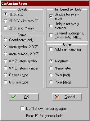 Write Cartesian coordinates options dialog